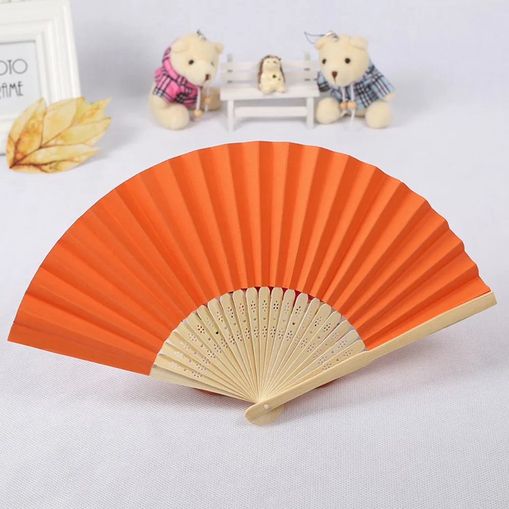 Chinese Japanese Silk Folding Fan Wooden Shank Pattern Folding Fan Dance Wedding Lace Silk Folding Hand Held Solid Color Fan