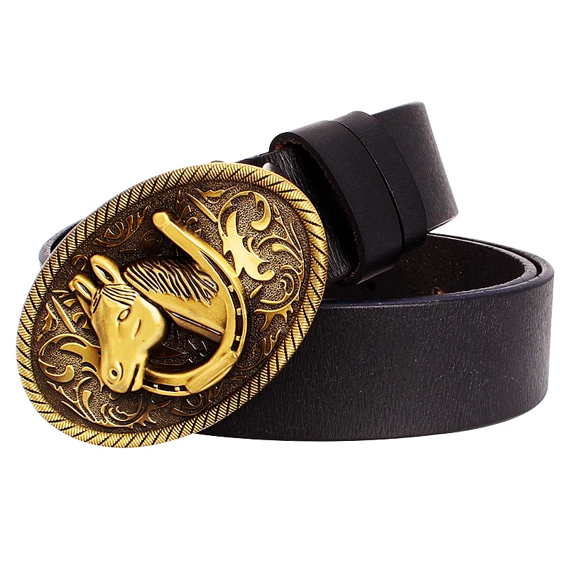 

Fashion Men Belt Equestrian Horse Buckle Golden Horse Head Pattern Horseshoe Cowskin Leather Belt Cowboy Accessories