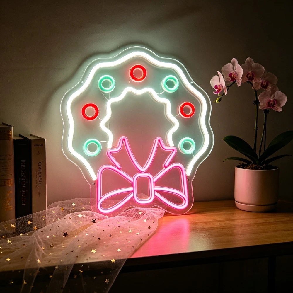 Christmas Wreath Neon Sign LED Light for Home Party Window Decor USB Rechargeable Night Light Wall Art Sign Holiday Xmas Gift