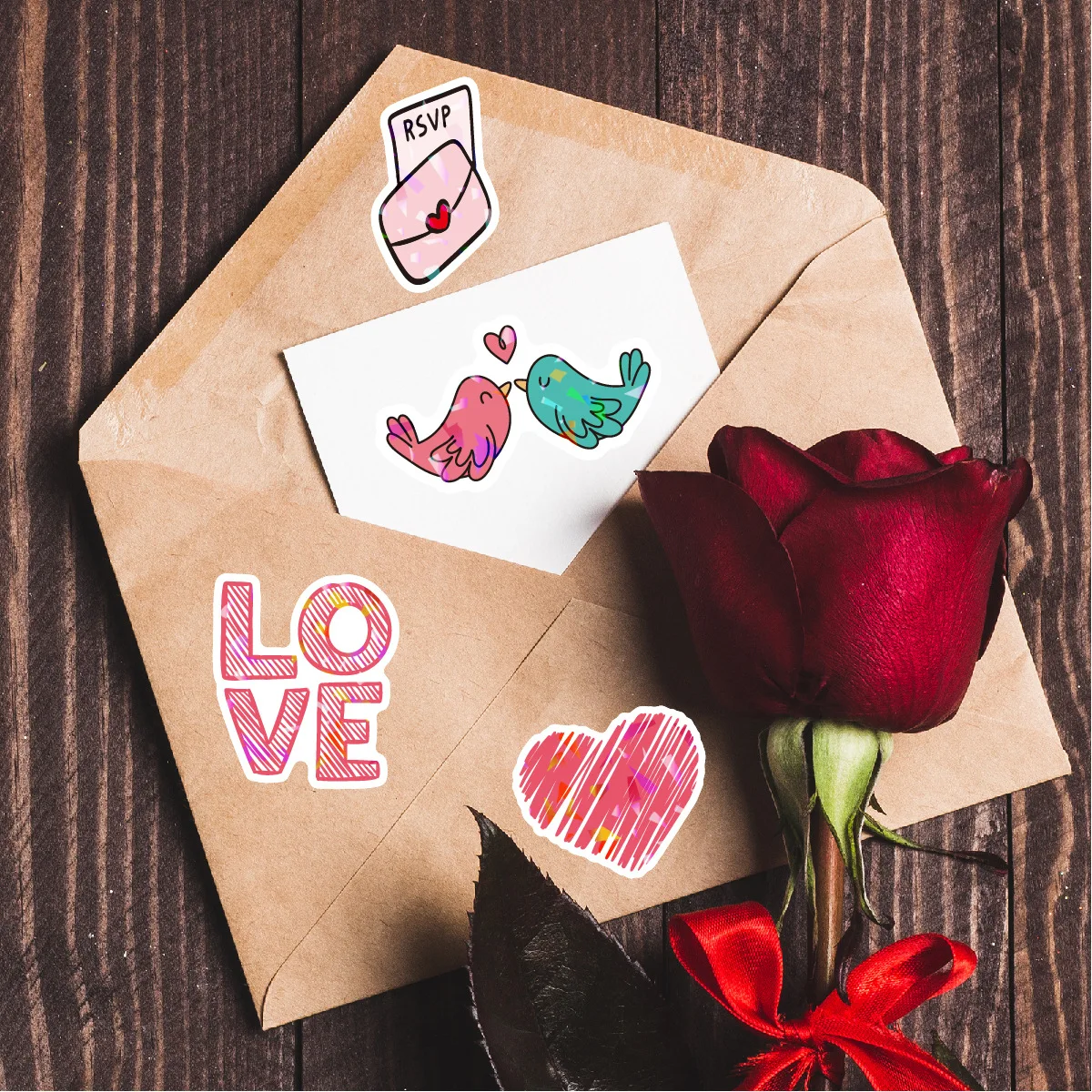 50pcs Shiny Love Stickers Pink Valentine\'s Day Sticker Laser Waterproof Stationery Scrapbook Label Diary Journal Gift Decoration