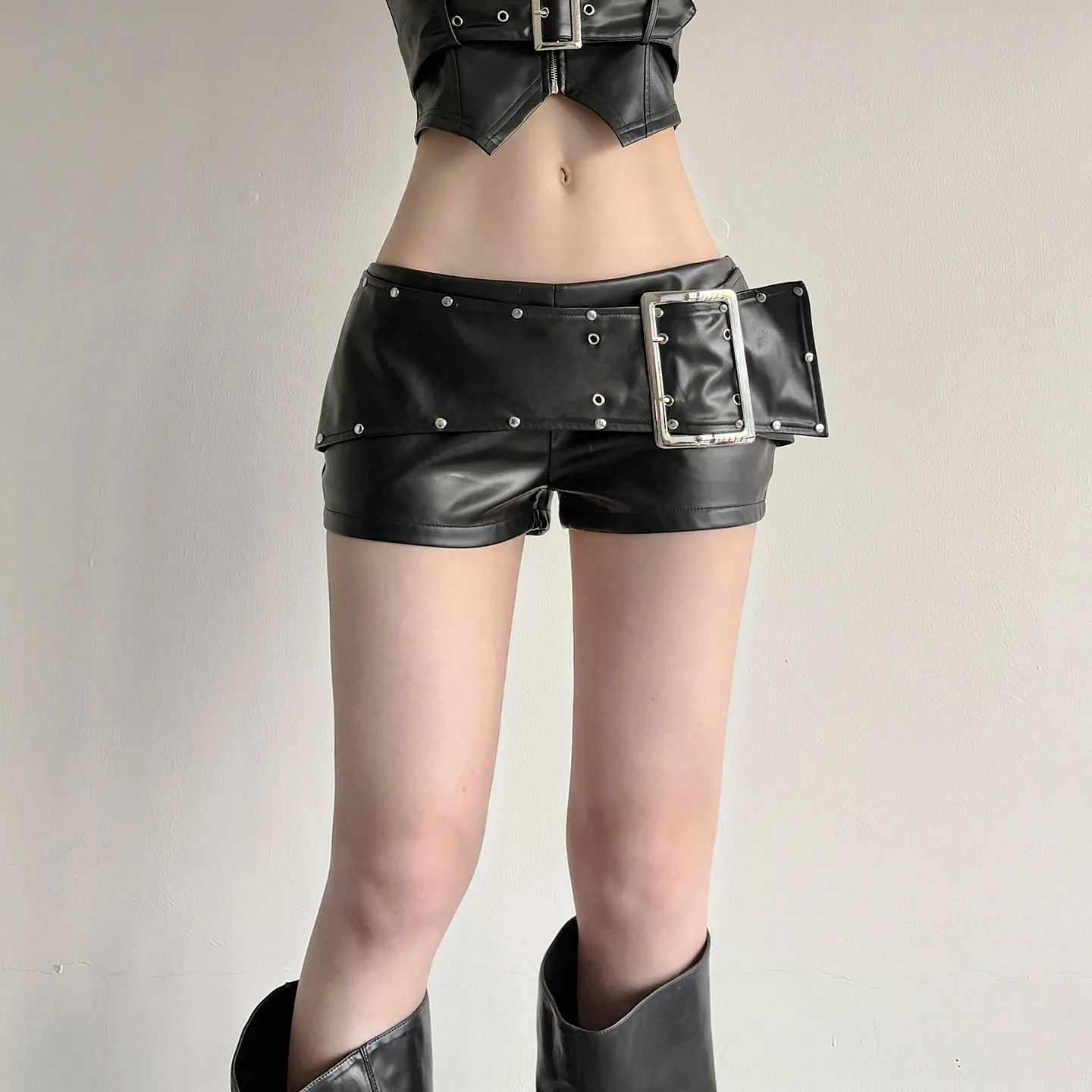 Women Black Gothic Emo Y2K Mini Shorts Sexy Wide Belt Leather Short Pants Low Waist Bodycon Shorts Micro Boot Short Summer 2026