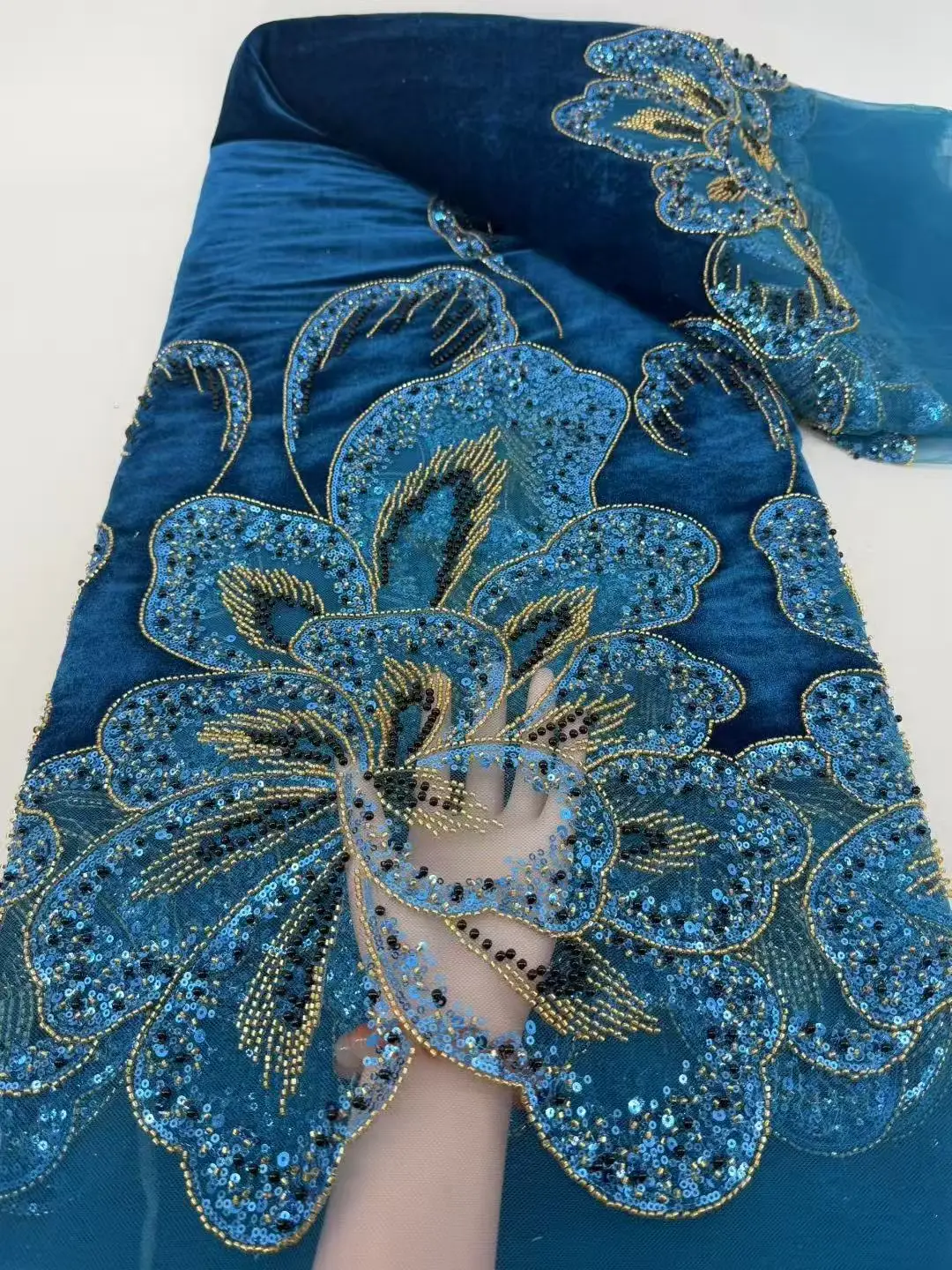 Luxury African Velvet Gold Beaded Sequin Lace Fabric Groom Embroidery Fabric French Ladies Evening Dress Sewing 5 Yards 2026