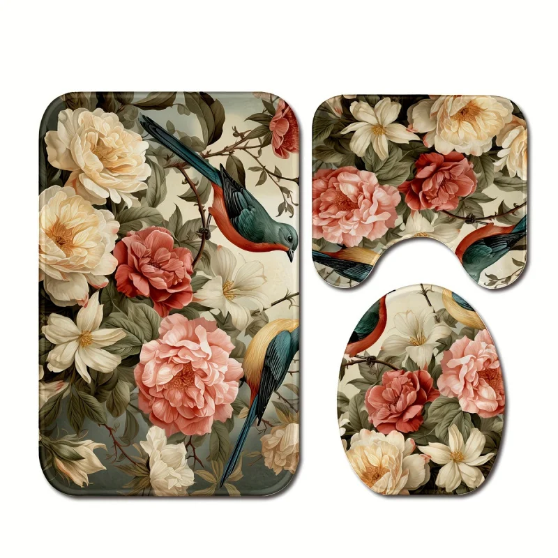 3 pcs/set flower and birds printed floor mat, three-piece bathroom mat set, non-slip mat, water-absorbent mat, toilet lid mat, t