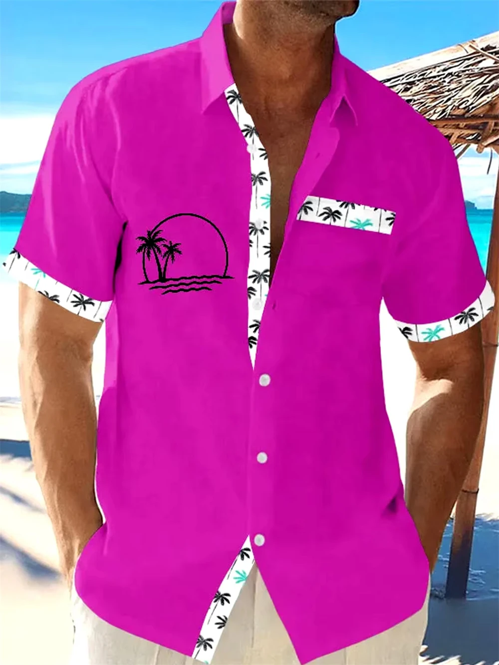 Summer Hawaiian Plants Pattern Multicolor Print Shirt for Men Flower Print Plus Size Fashion Shirts Beach Flower Button Shirt