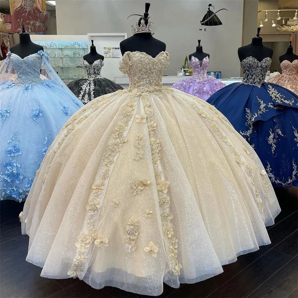 Angelsbridep Champagne Quinceanera Dresses 3D Flowers Appliques Crystal Princess Ball Gown Vestidos De Quinceañera Customized