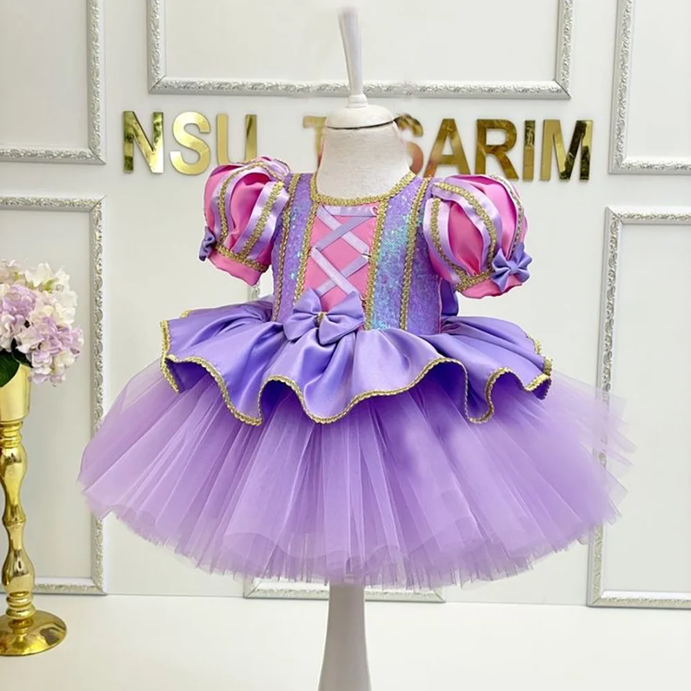 

Little Girls Purple Beauty Dress Baby Big Bow Fluffy Princess Gown Girl Sleeping Striped Layered Dresses Kids Summer Evening Wea