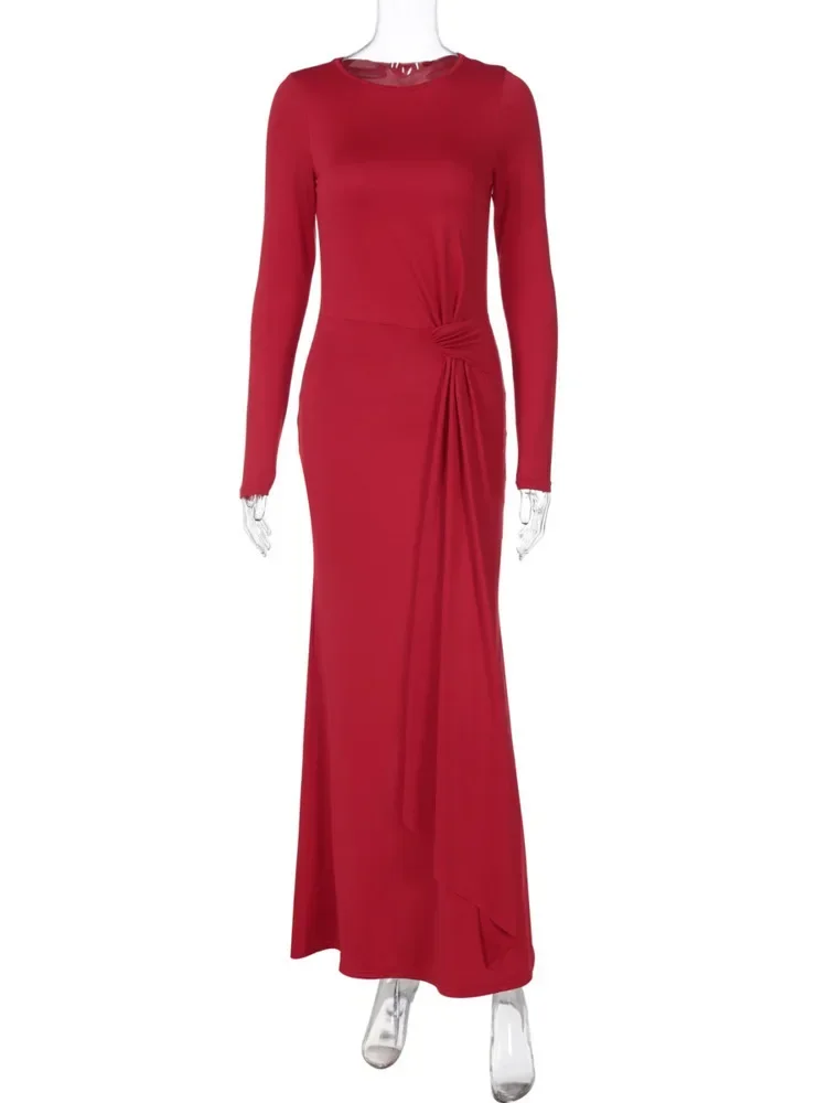 เดรสยาวแขนยาวทรงรูชสำหรับฤดูใบไม้ร่วง Laxsesu ดีไซน์เซ็กซี่สำหรับผู้หญิง แฟชั่นเดรสยาวทรงบอดี้คอนคอโอเว้า ผ้าพื้นสีพื้น เหมาะสำหรับงานปาร์ตี้และคลับ