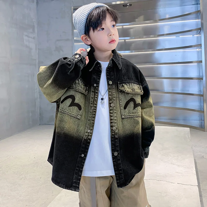 Korean Spring Autumn School Boy Denim Jacket Teenager Boy Gradient Single-breasted Sport Coats Junior Boy Contrast Sweat Jackets