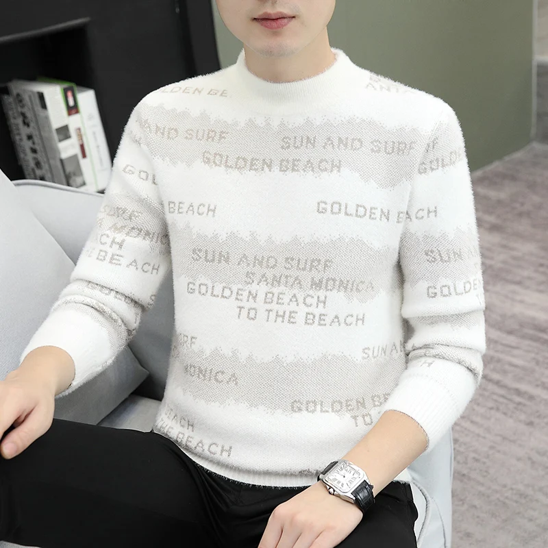 Light Colored Stripes+letter Pattern 2025 Trendy Men's Knitted Sweater Fashionable Autumn/winter O Neck Warm Style Tops