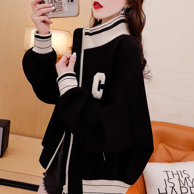 

Thickened Fleece Zipper Hoodie Student Style Warm Outerwear Stand Collar Jacket for Women Autumn Winter New Arrival