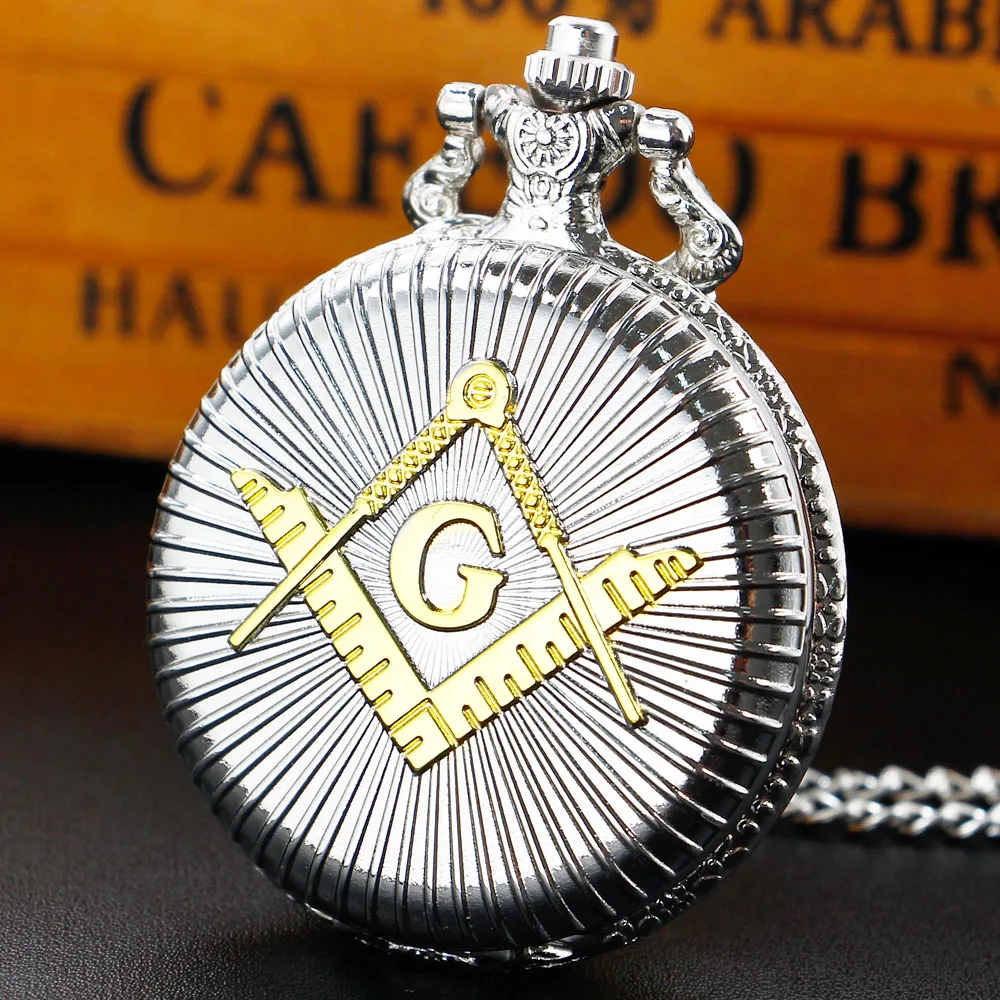 Fashion Silver Engraved Pocket Watch Golden Freemasonry Masonic Quartz Fob Pendant Clock for Men Watches Gifts