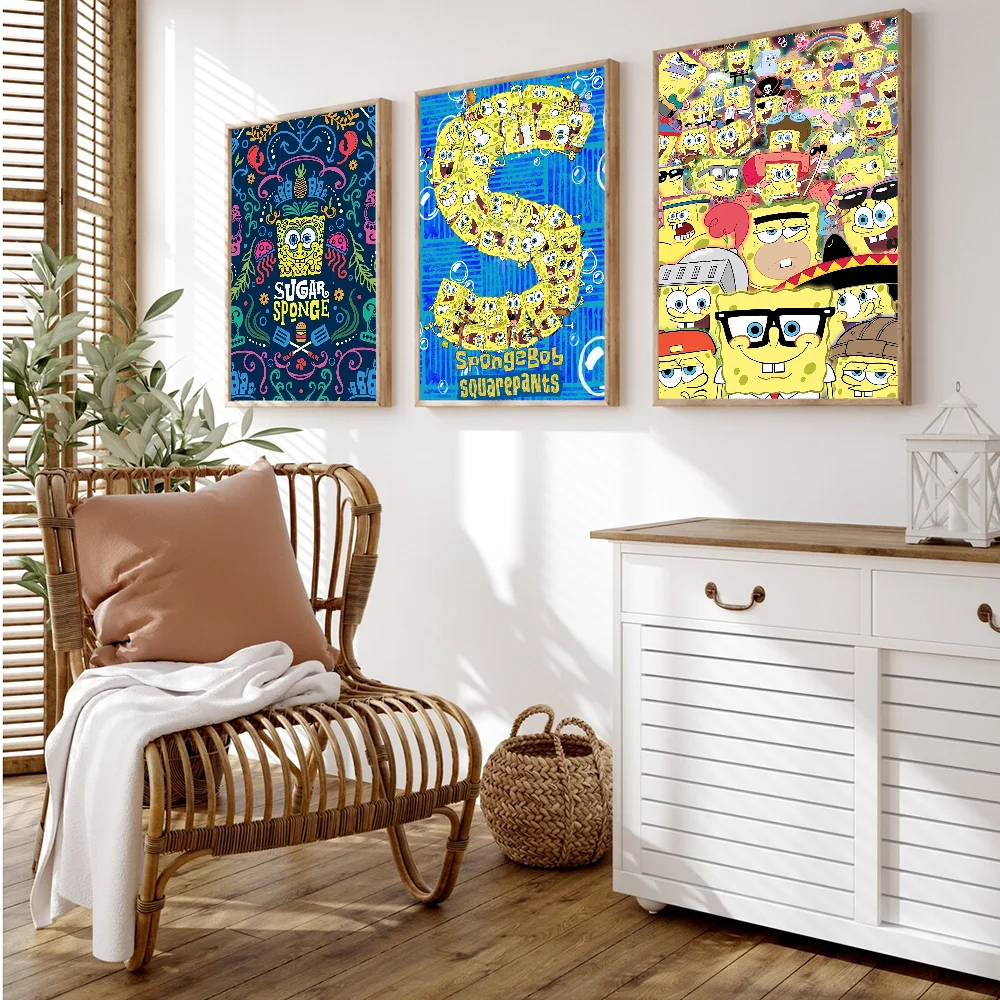 S-SpongeBobs SquarePants ملصقات كلاسيكية عتيقة ، لوحة زخرفية ، ورق كرافت أبيض ، فن حائط ، ديكور غرفة كاواي #3