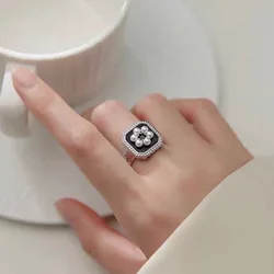 New in 925 Sterling Silver Flower Black Adjustable Women's Ring Wedding Jewelry Accessories Wholesale