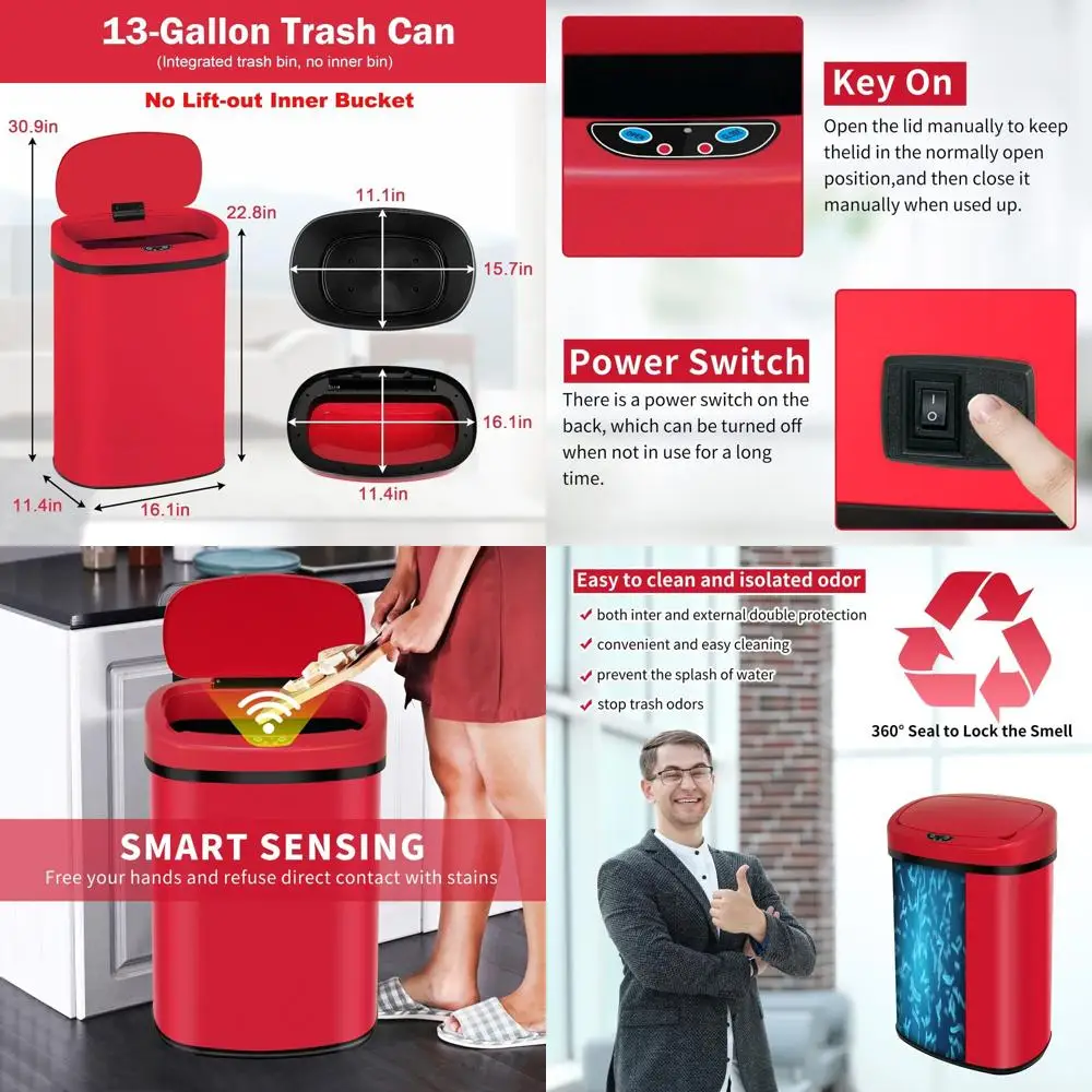 

50L Red Stainless Steel Trash Bin with Lid
