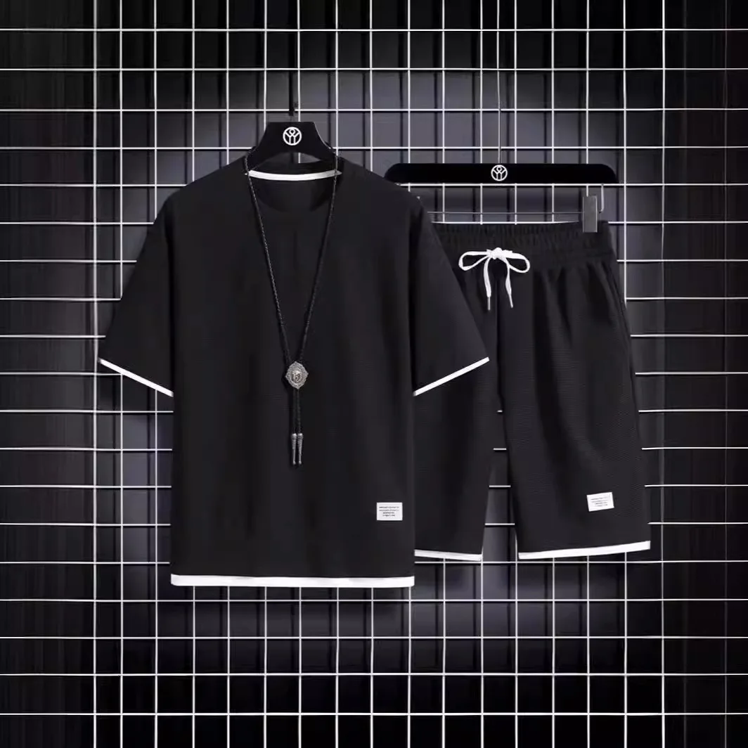 

Waffle Pattern Trendy Summer Men's Casual Sportswear Set, Stylish Men's Loose and Handsome Men's Short-sleeve Clothing