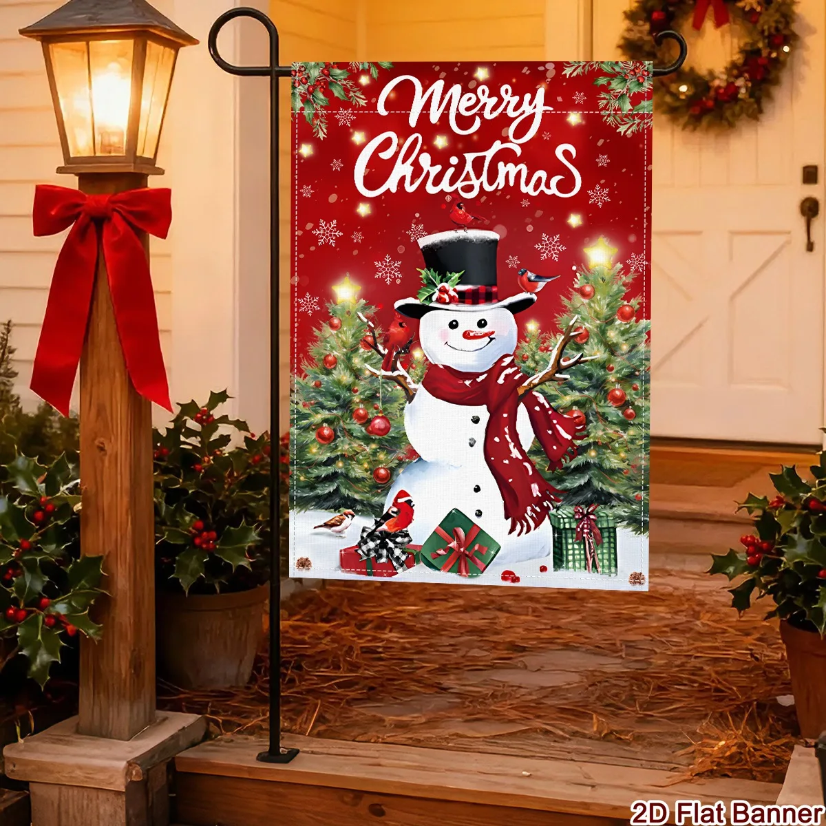 30*45cm Merry Christmas Polyester Garden Flag Watercolor Snowman Xmas Tree Style Yard Flag Home Garden Navidad Party Decoration