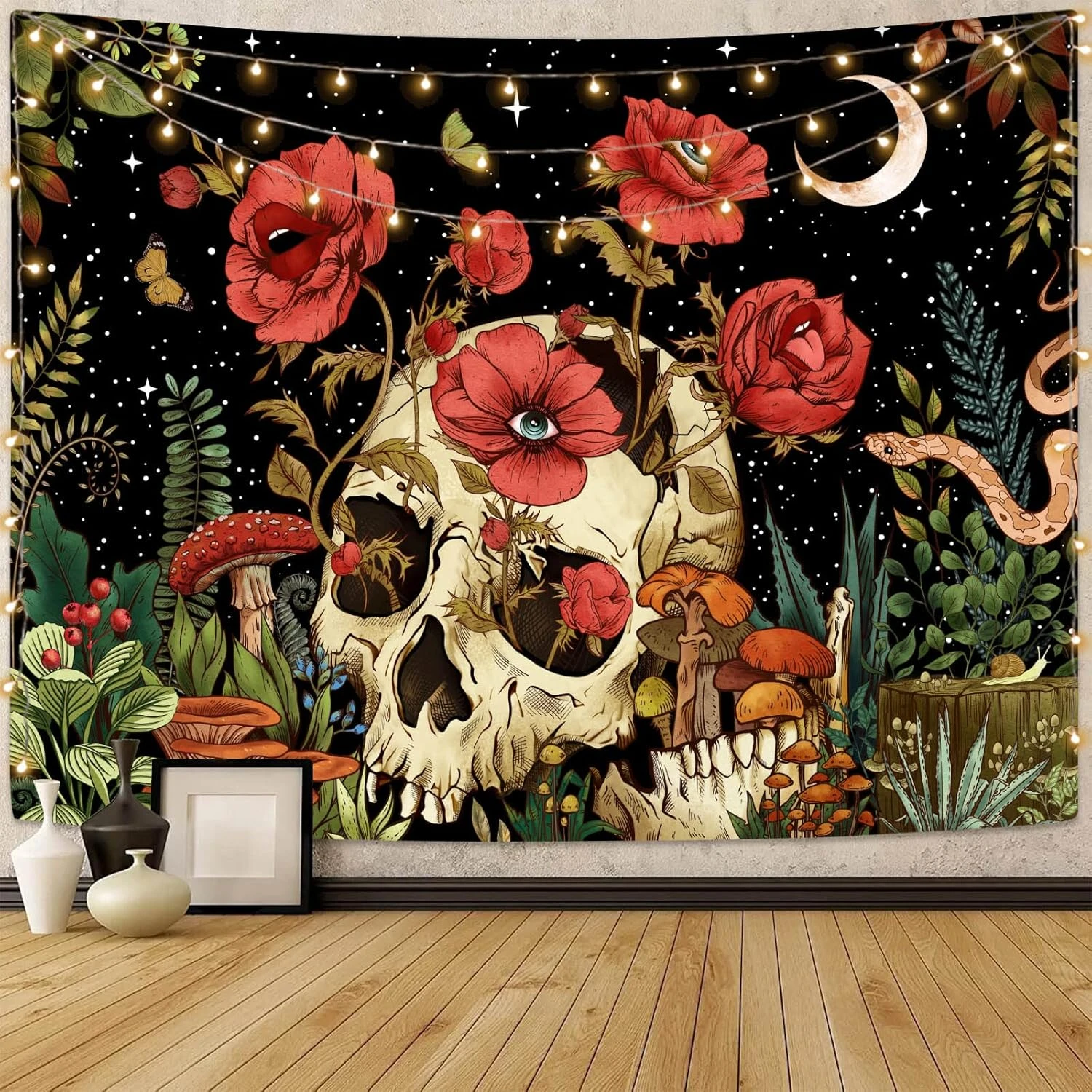 Witchy Botanical Skull Tapestry Night Sky Crescent Moon Red Flower Butterfly Wall Blanket Dorm Decor