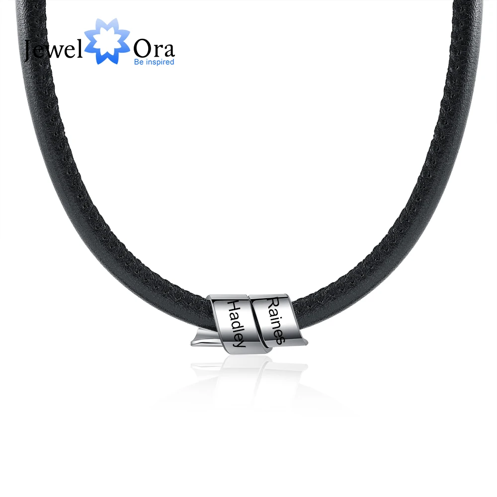 Customized Men Leather Necklace with 2 Name Beads Personalized Custom Engraved Jewelry Gift for Husband Fathers Day Gifts