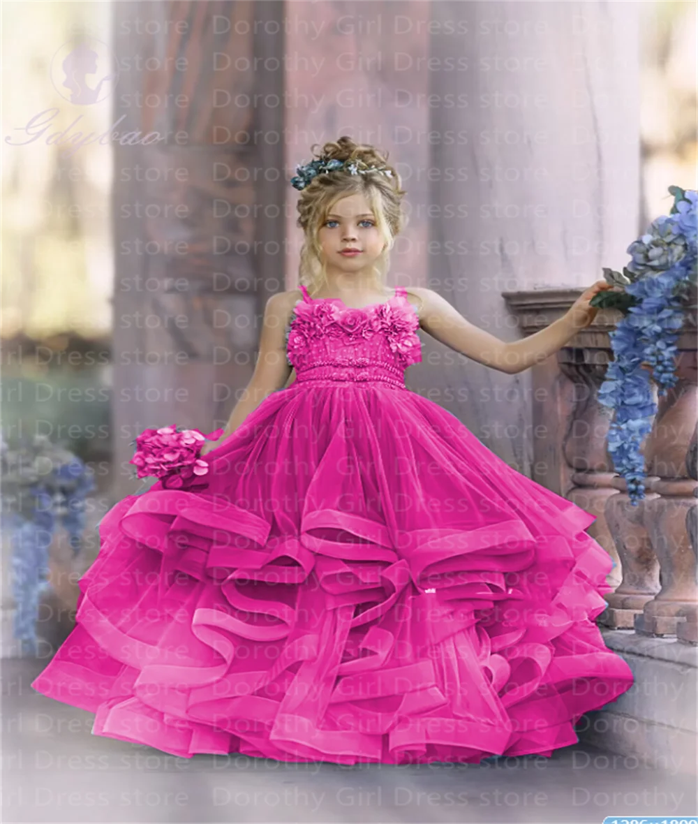 Customized Flower Girl Dress Spaghetti Straps Flowers Lace-up Gown Tiered Formal Party Children's Birthday Dresses