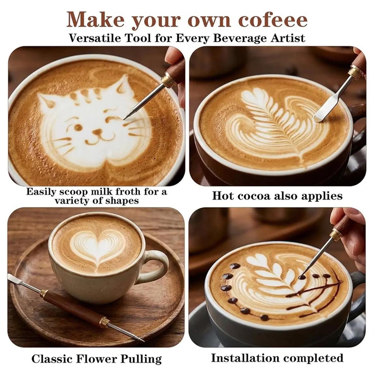 2pcs Dual-Head Latte Art Pen, Stainless Steel with Wood Handle for Home, Cafe, and Travel Use
