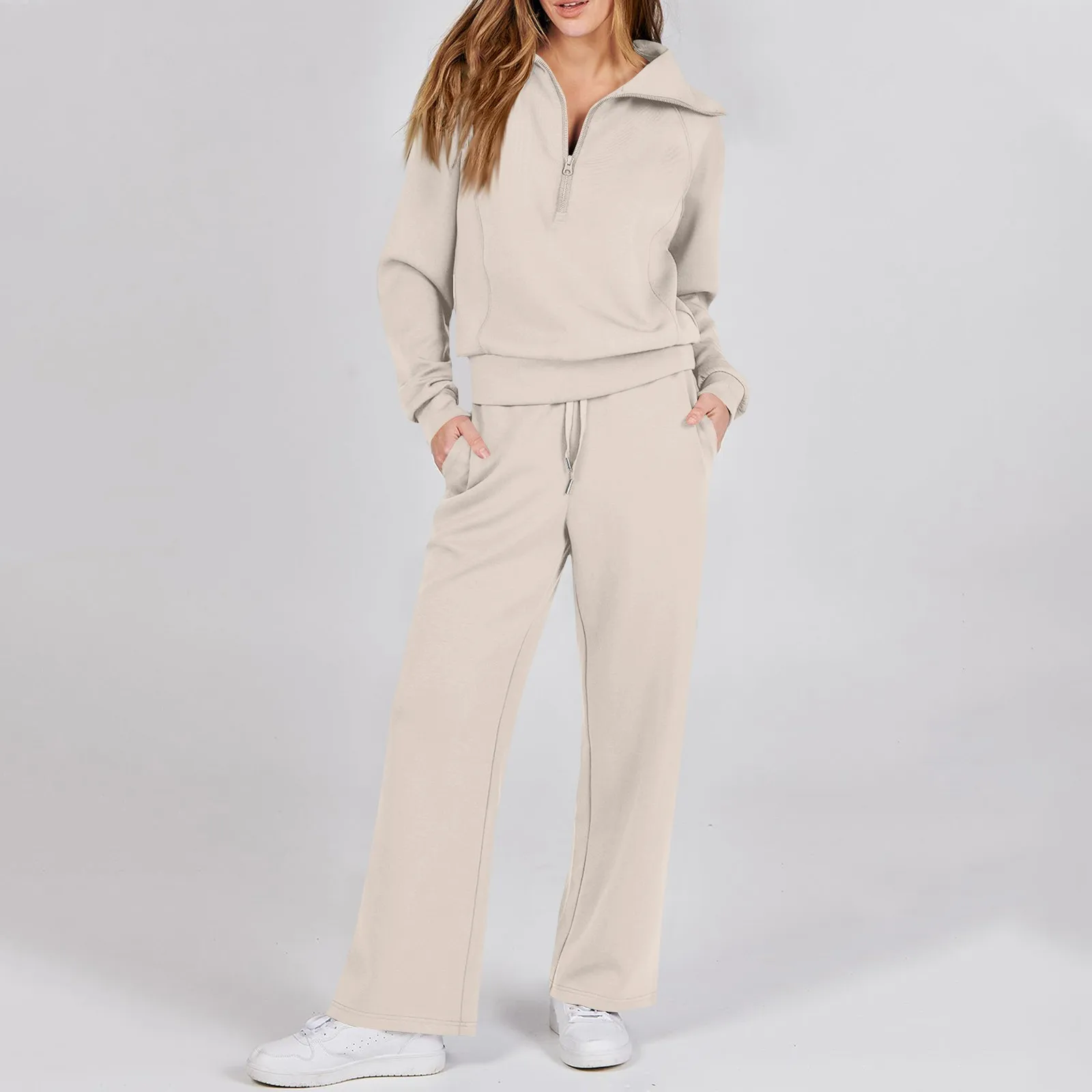

Stylish Warm Women Two Piece Set Fleece Lined Cropped Hoodie Tie Waist Wide Leg Pants Cozy Fall Winter Lounge Active Outfit