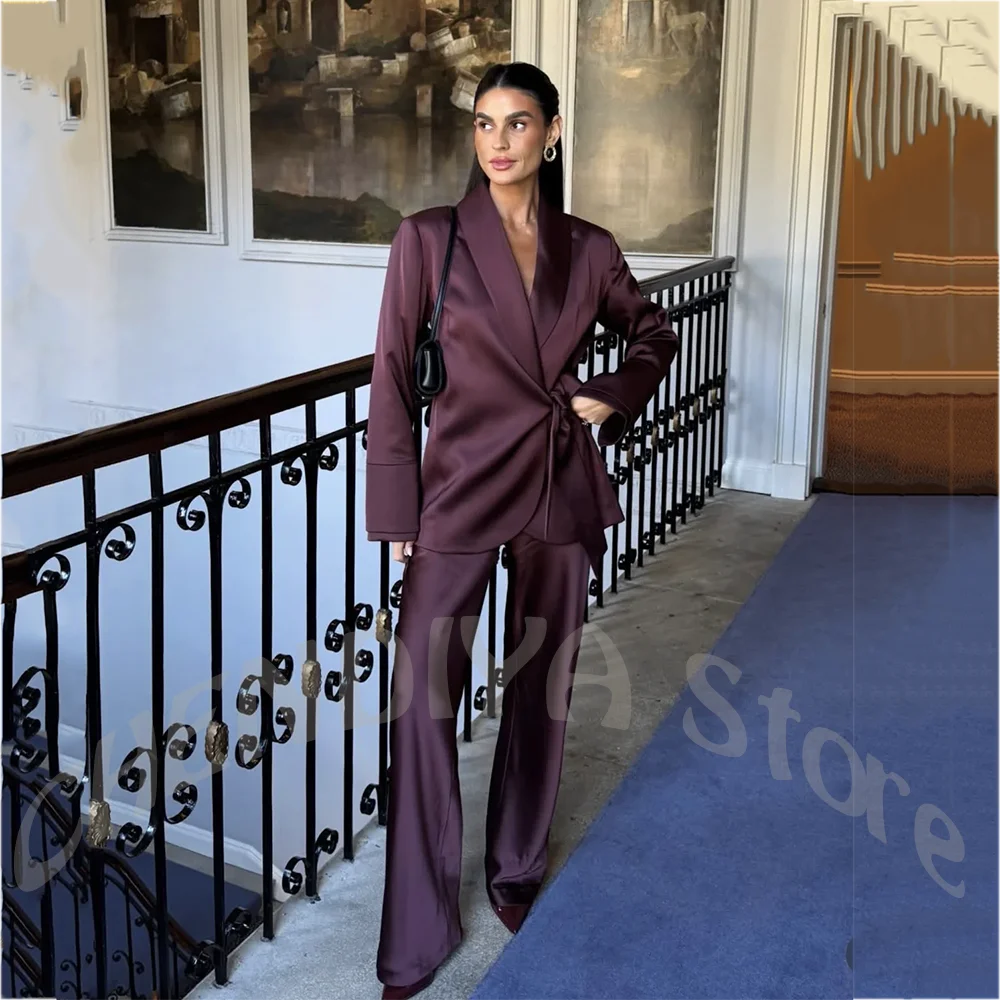 Purple Satin Women Two Piece Suit Shawl Lapel Tie Wrap Blazer Straight Leg Pants Elegant Evening Party Office Luxury Outfit Set