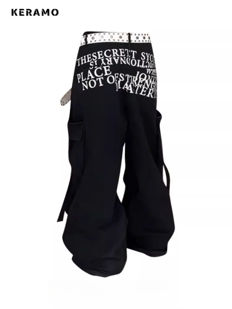 

American Retro Full Length Grunge Street Jean Letter Print Baggy Mop Pants Women's Emo Oversized Casual Y2K Black Denim Trouser