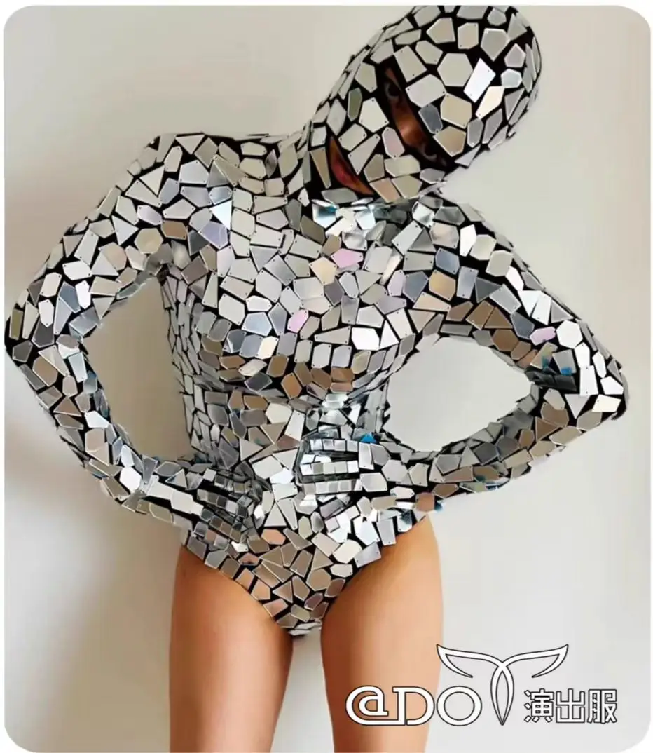 New Silver Glitter Mirror High Slit Jumpsuit With Sexy Big Chest Waist Bar Women's Performance Clothing Dance Team Costume