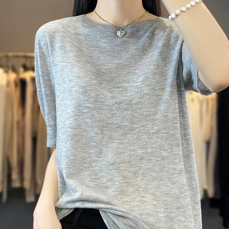 2023 Spring and Summer New Women's Round Neck Wool Sweater Short Sleeve Loose Thin Half Sleeve Vest Half Sleeve T-shirt