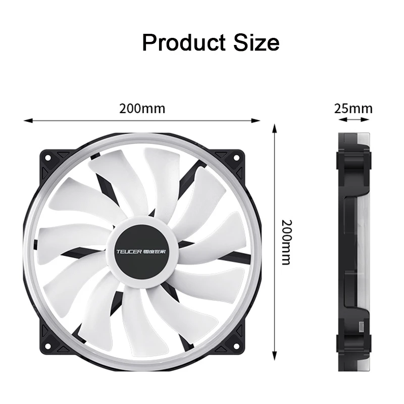 TEUCER FD200 PC 컴퓨터 케이스 선풍기, 4 핀 PWM 저소음, 5V 3 핀 ARGB 200mm 대용량 섀시 냉각 팬, 데스크탑 액세서리