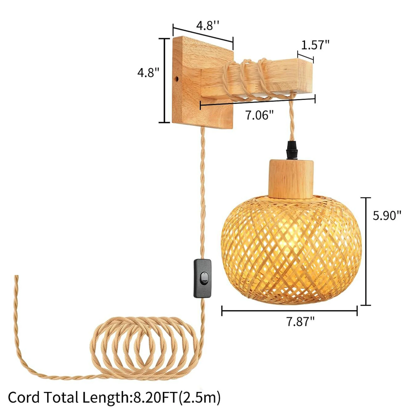 Applique da parete intrecciata a mano Boho Bamboo lampada da comodino Plug in lampada a sospensione per la casa camera da letto soggiorno fattoria