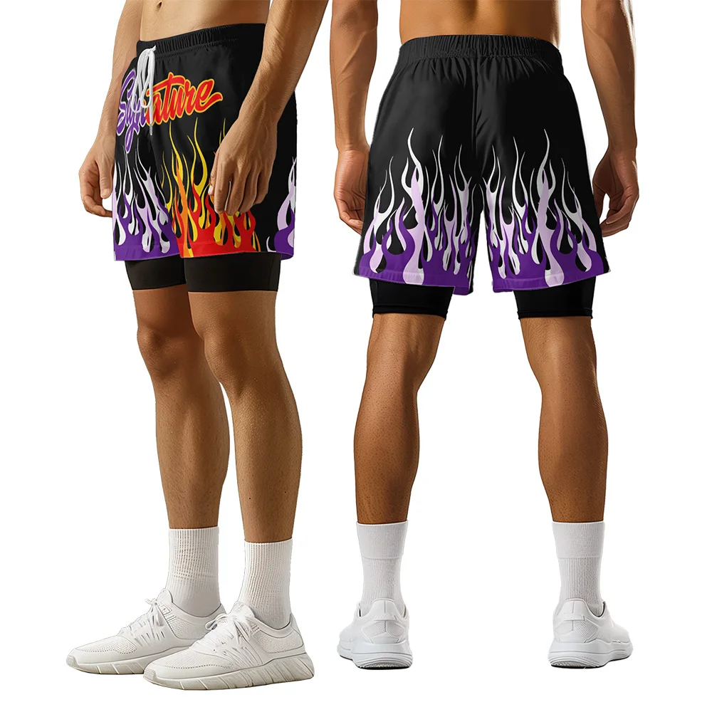 

2024 New Original Flame Design Summer Trend Style 3D Premium Printed casual lettered Black Sports basketball style shorts