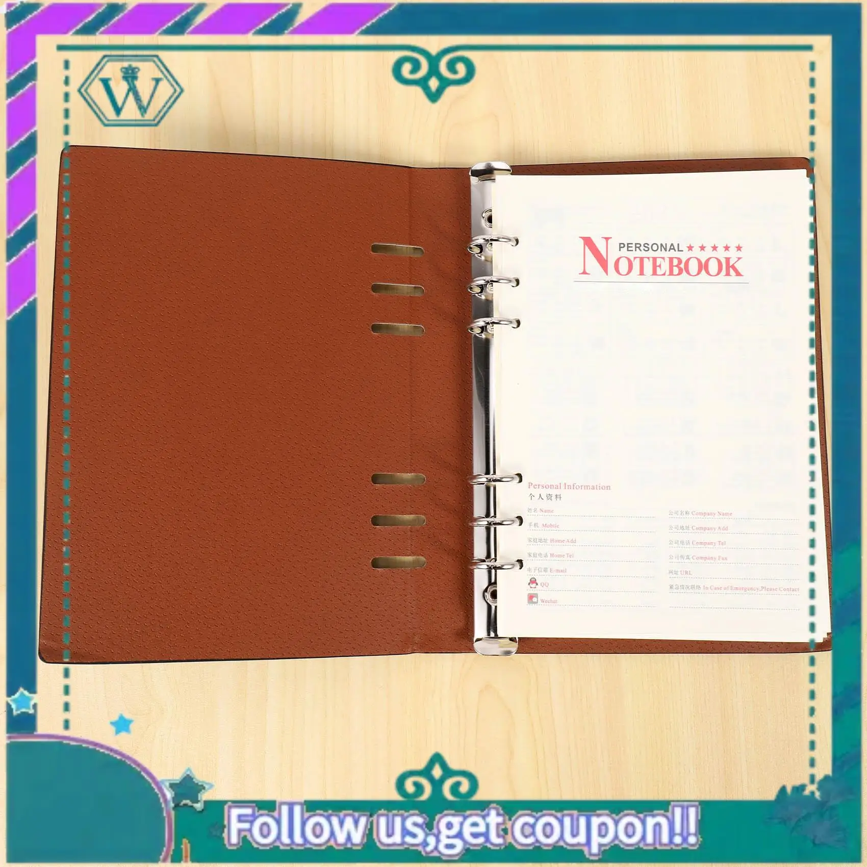 Upgraded A5 Notebook 6 Holes PU Leather Cover Notebook Loose Pocket Leather Refillable Notebook Binder Rings Journal