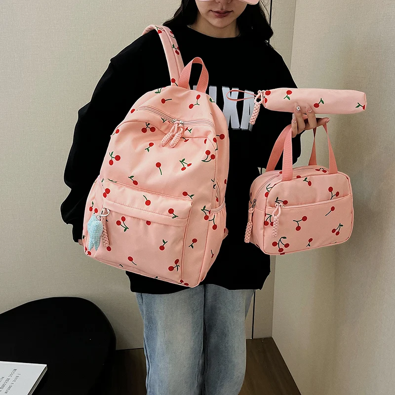 Three-Piece Cute Backpack with Lunch Bag & Pencil Case All-Match School Bag Cherry Printed Simple Backpack Set Trip Backpack