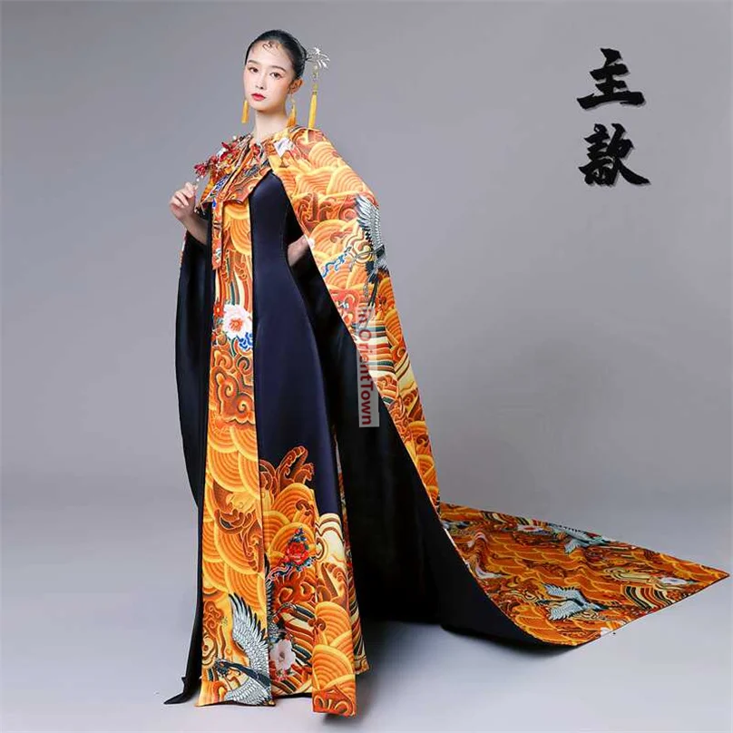 Costume chinois noir jaune, robe de spectacle commerciale de musique traditionnelle, spectacle de défilé Cheongsam, tenue de réunion annuelle TP053