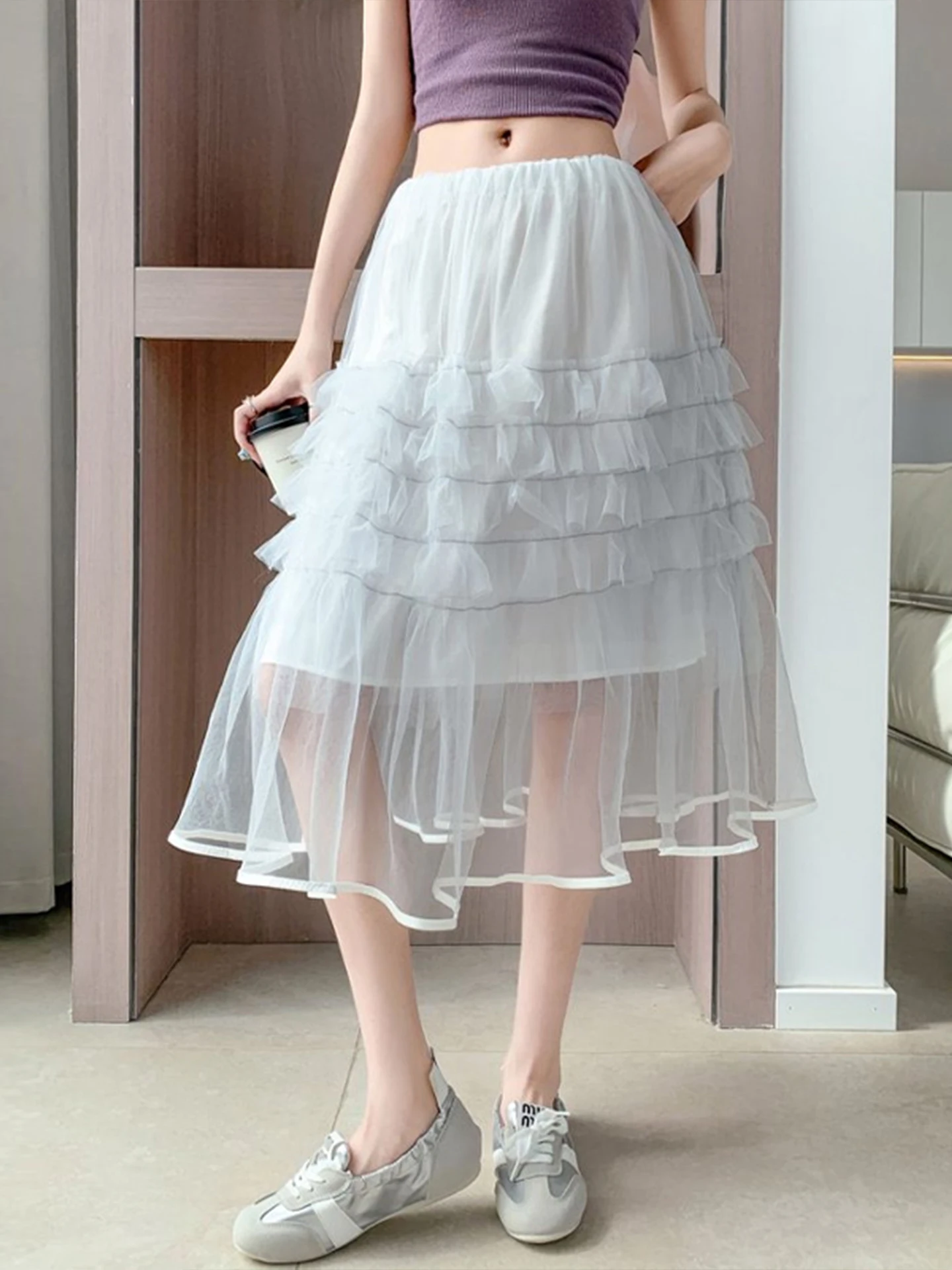 

Элегантная многослойная юбка-полусолнце из фатина для женщин, в стиле «Нежный бриз», длиной до середины икры, летняя новинка, корейский стиль
