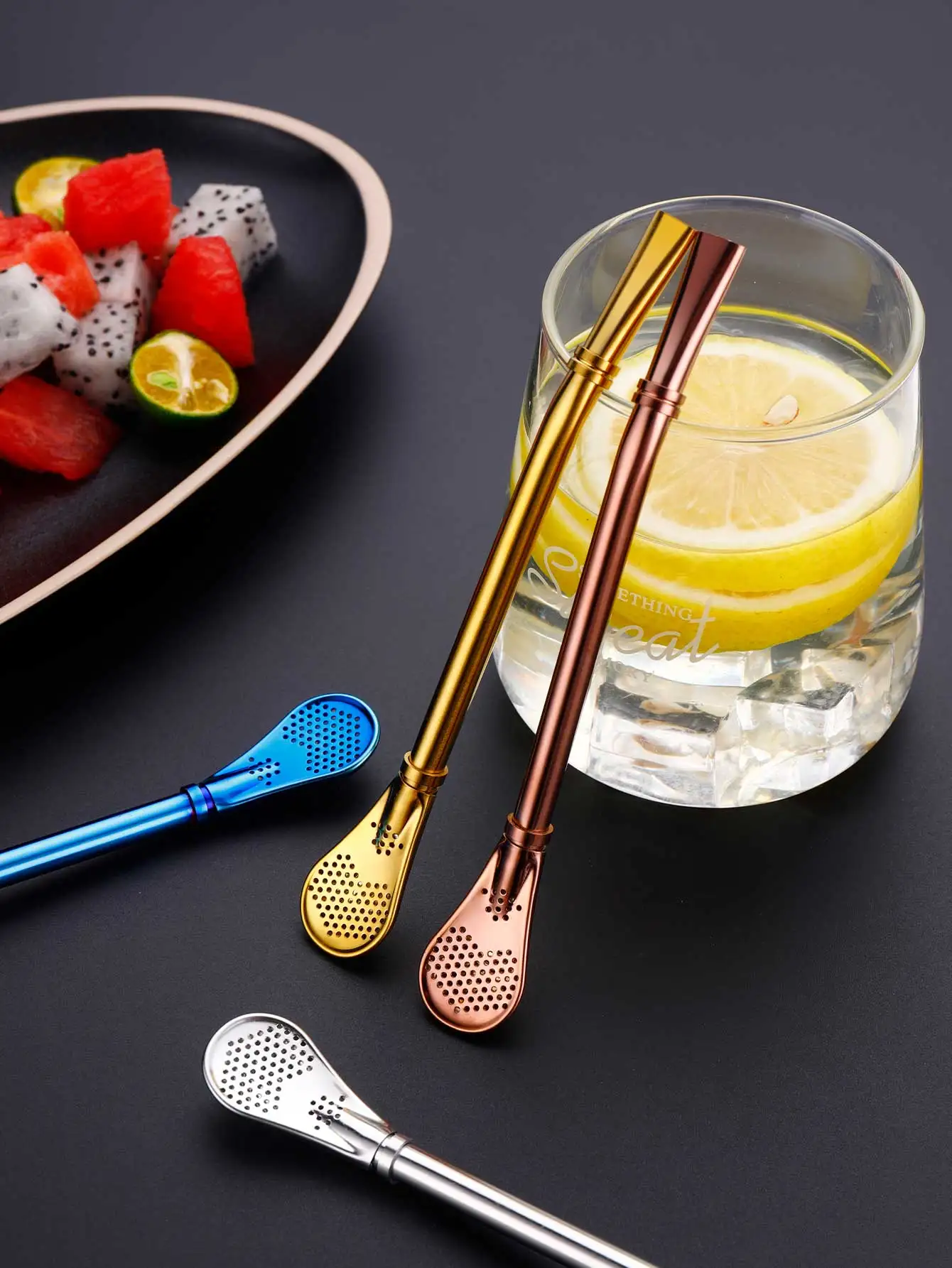 WORTHBUY 18/8 Colorful Stainless Steel Tea Drinking Straws Spoon Tea Filter Reusable Bombilla Gourd Tea Tools Bar Accessories