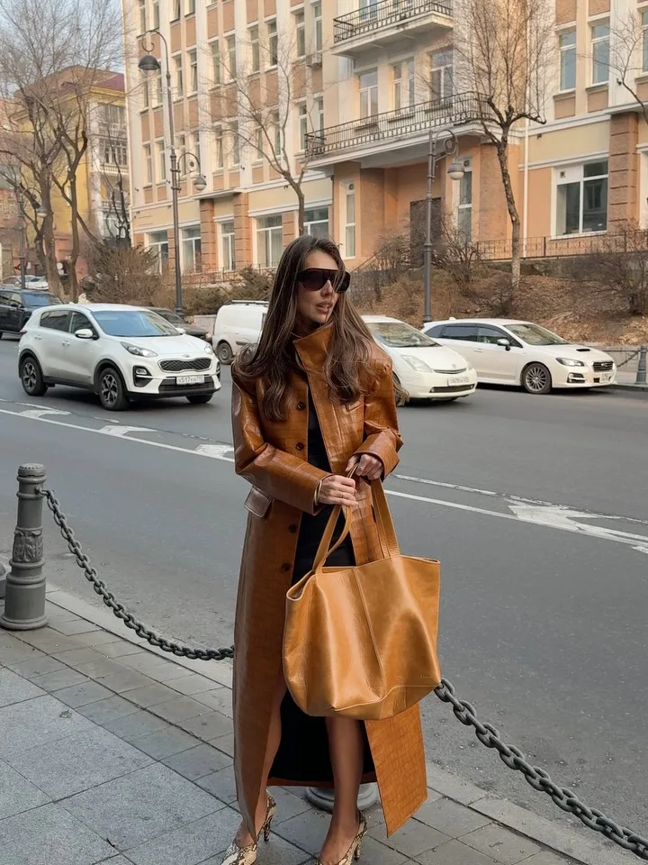 Solid Croc Embossed Faux Leather Long Trench Coat Lapel Single Breasted Straight Long Front Pockets Women Vintage Autumn Winter