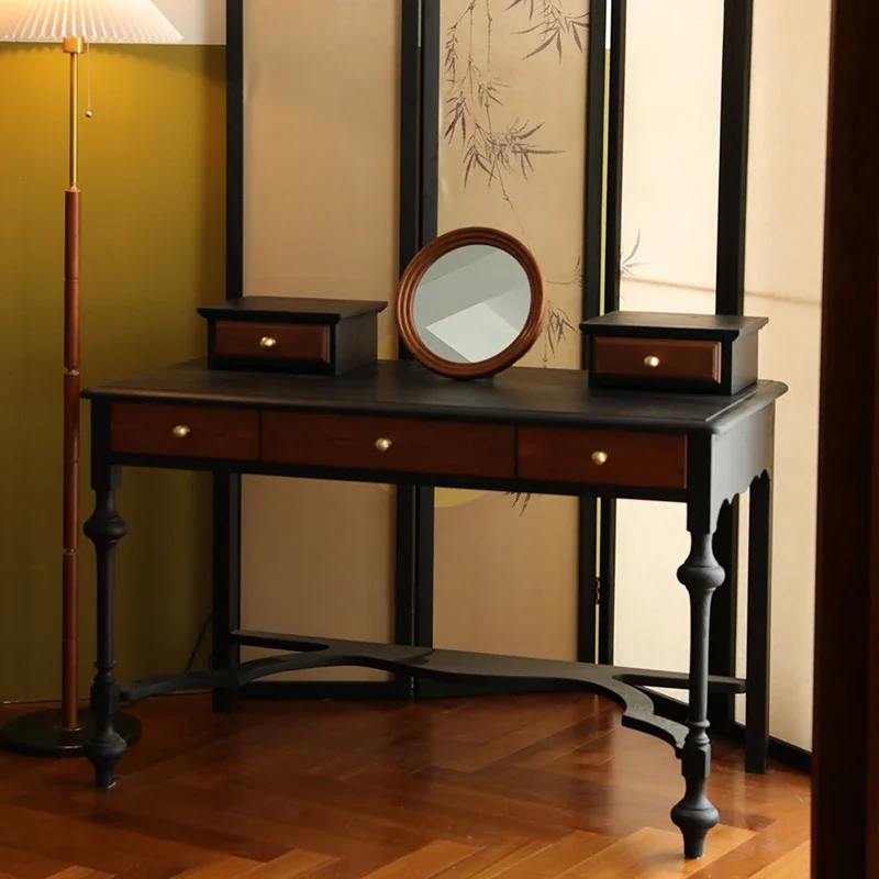 

Makeup table, solid wood dressing table, Nanyang retro black French style