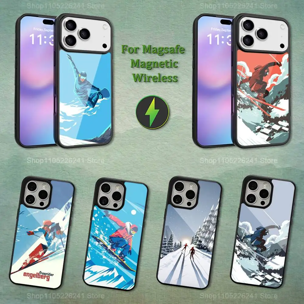

Sport Cartoon Snowboarding For iPhone 16,14,13,15,11,12,17,Plus,Mini, Pro,For Magsafe,Max,Magnetic Wireless Charging Case