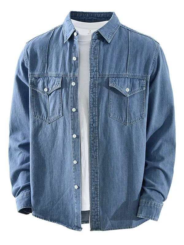 

Мужская джинсовая рубашка свободного кроя с длинным рукавом, повседневная, универсальная, в стиле японской моды, с отложным воротником, на пуговицах