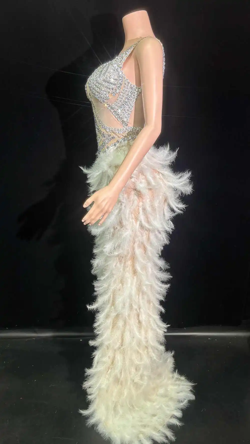 Sparkly Rhinestones Feathers Long Tail Dress for Women Sexy Transparent Evening Event Celebrate Birthday Dress Stage Wear