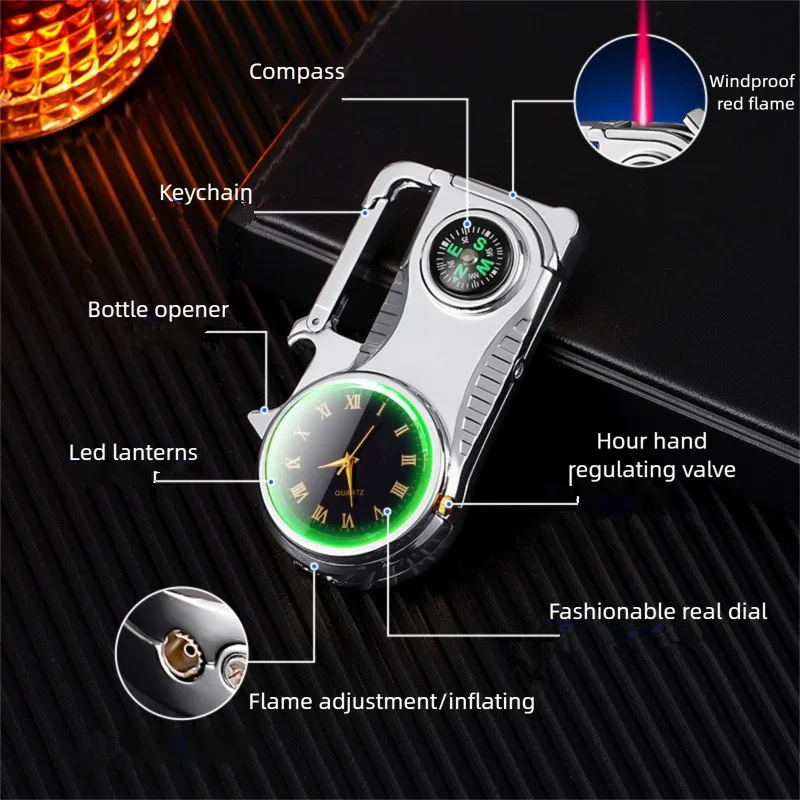 

New Multifunctional Compass Keychain Lighter with Bottle Opener Windproof Red Flame Watch Lighter Smoking Accessories for Men