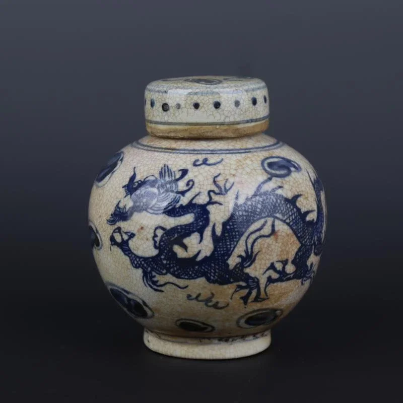 Chinese Yuan Blue and White Porcelain Dragon Pattern Pot Tea Caddy 5.51 inch