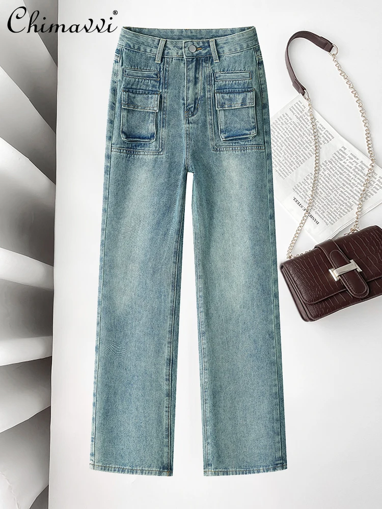 

Retro Blue Wide Leg Jeans for Women 2024 Spring High Waist Fashion Casual All-Match Large Pocket Straight Denim Pants Trousers