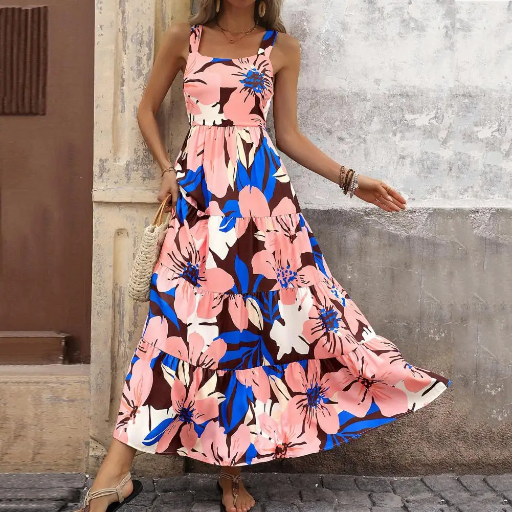 Vestido bohemio con estampado Floral para mujer, maxivestido de playa, línea A, plisado, dobladillo de retazos, escote cuadrado