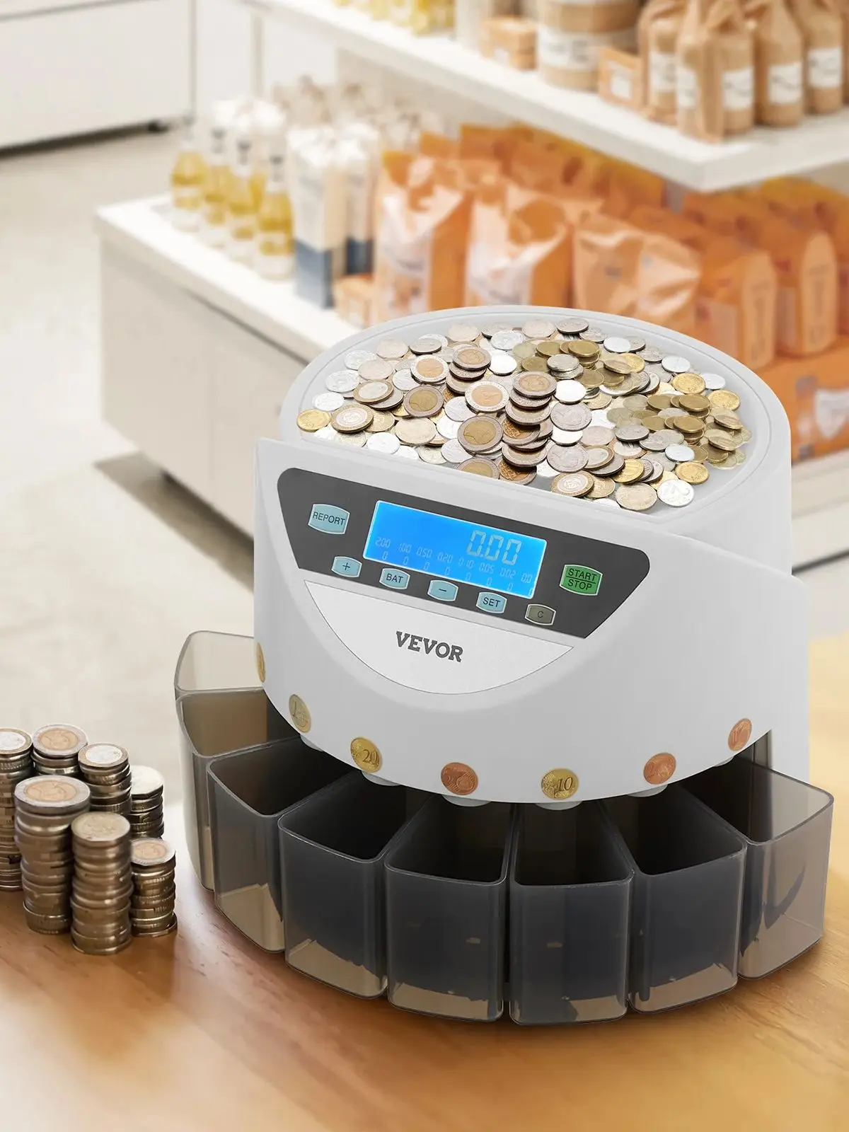 SucceBuy EURO-muntsorteerder voor 8 soorten euromunten Munttellermachine en wikkelmachine biedt plaats aan maximaal 850 munten LCD-scherm - afbeelding 2