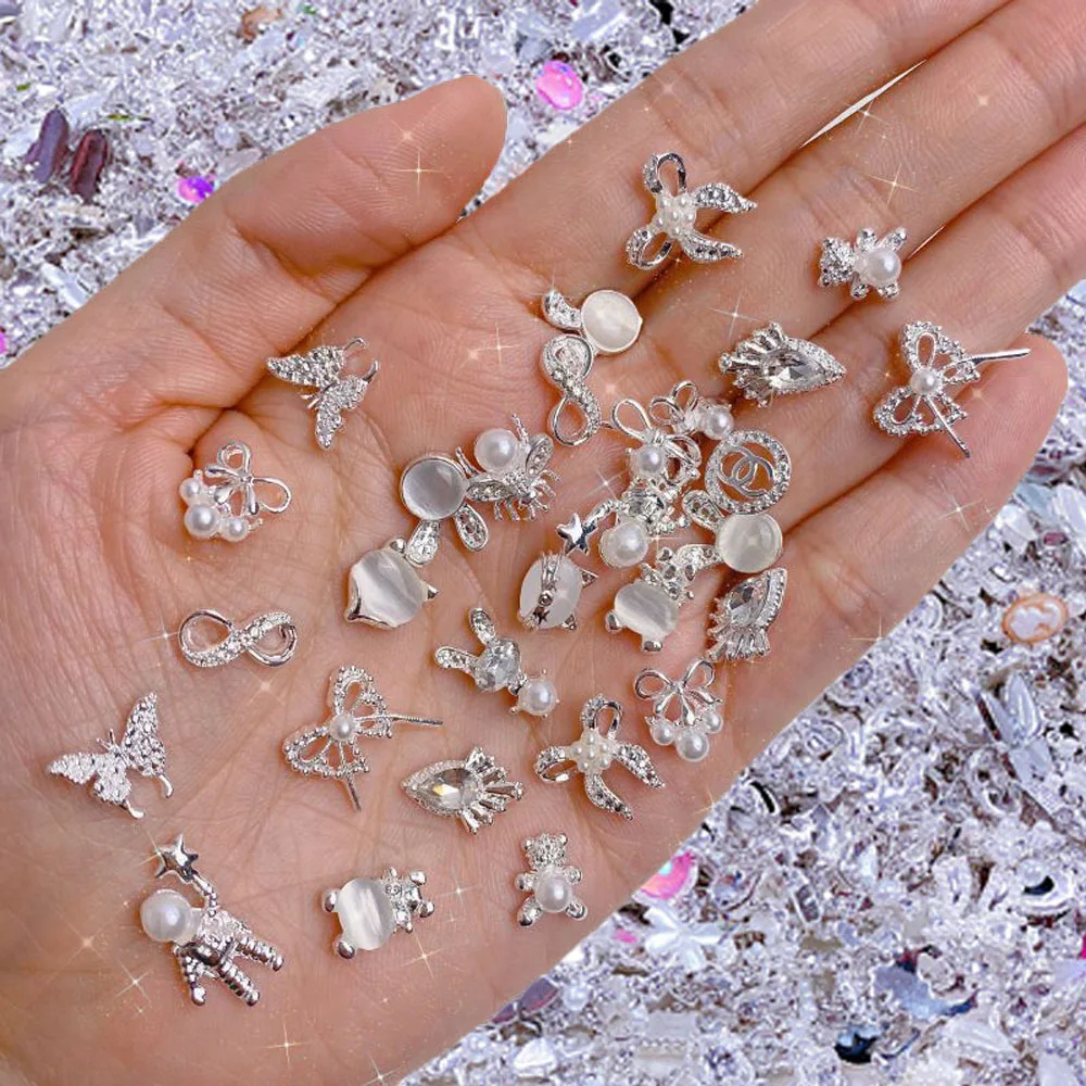 10PCS/lot 3D Alloy Gold/Silver Random Nail Charms Luxury Jewelry Making  Rhinestone Accessories Metal Nail Art Decoration Parts