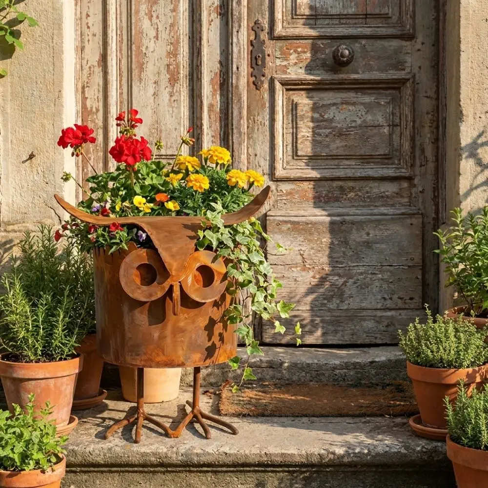 Decorative Metal Owl Flower Pot with Legs Drainage Hole Owl Ornament Retro Weathered Finish Garden Owl Statue Window Shelf