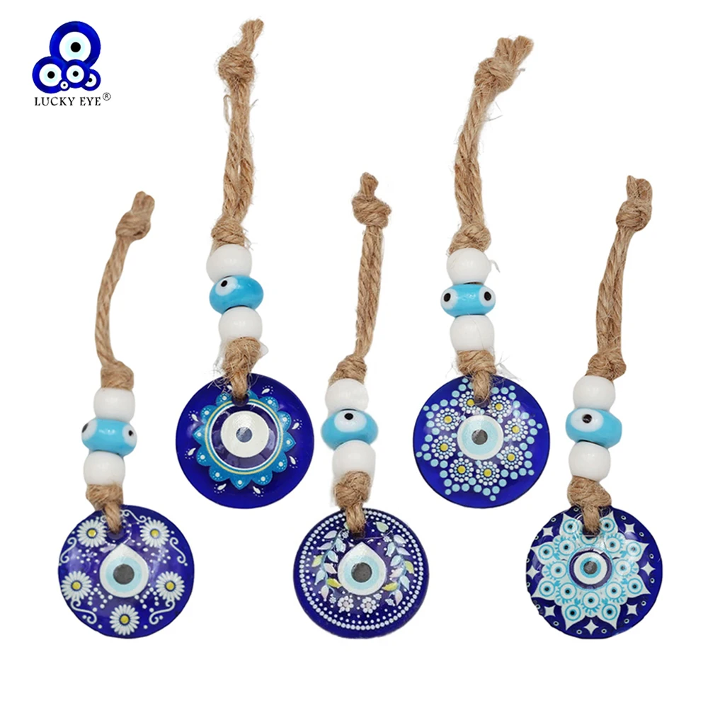 Lucky Eye Glass Flower Pattern Pendant Keychain Turkish Evil Eye Bead Woven Rope Key Chain Car Keyring for Women Men Jewelry